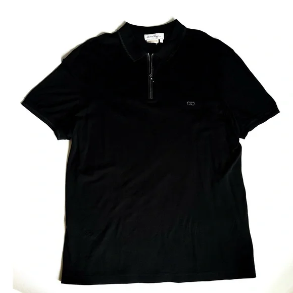 Salvatore Ferragamo Black Cotton Pique Logo Polo Shirt with Logo 3/4 Zipper XXL - Picture 4 of 13